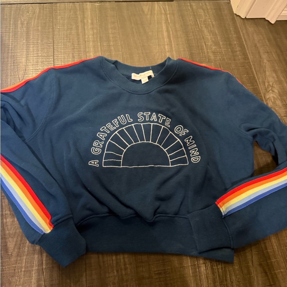 Blue Sweatshirt with Rainbow Stripes